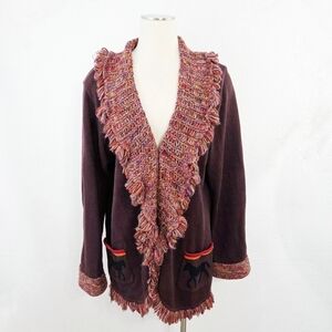 Storybook Knits Horse Cardigan Sweater Dark Brown Equestrian Fringe Plus Size 1X